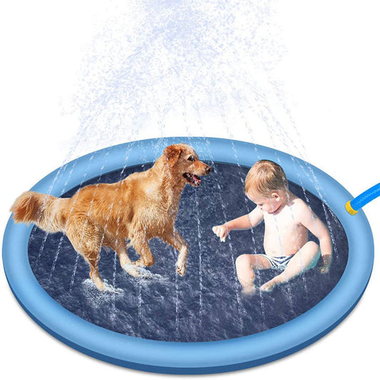 Non-Slip Splash Pad For Kids And Pet Dog Pool | Summer Outdoor Water Toys Fun Backyard Fountain Play Mat big dogs big hugs, Ltd.- 170cm- Golden retriever playing with toddler